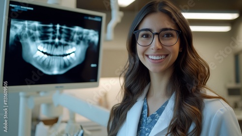 A dentist stands smiling next to a digital X-ray display, showcasing advanced dental technology. The setting emphasizes modern techniques for enhancing patient experiences and treatment outcomes. photo