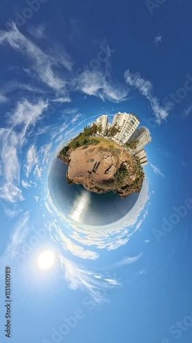 Vertical video. A 360-degree tiny planet effect image capturing the rotation of a rocky coastal landscape with buildings, greenery, and an expansive blue sky, creating a surreal, spherical world persp photo