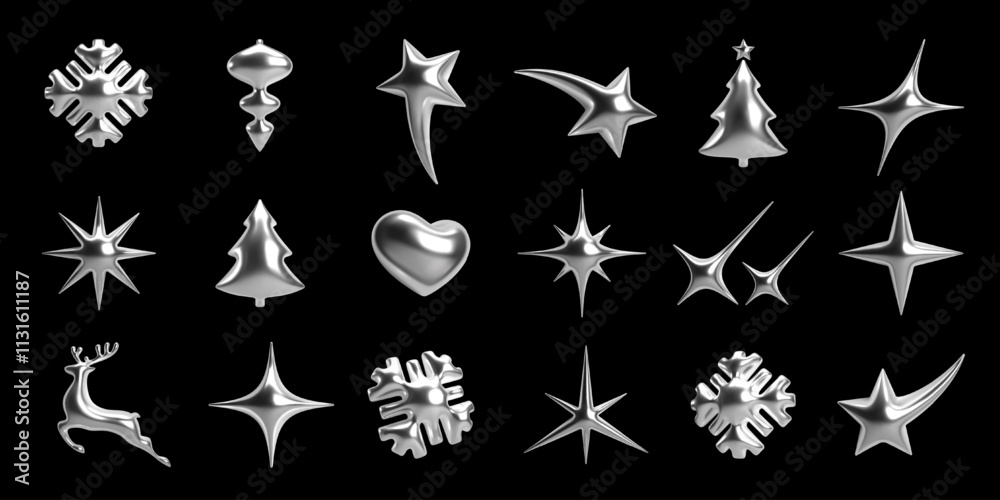 Εκτύπωση καμβά 3D chrome Christmas and New Year icons with glossy metallic silver surface: snowflakes, stars, trees, heart, reindeer