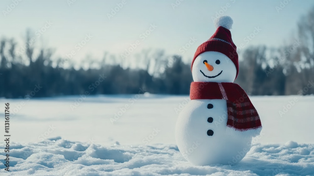 Obraz premium Snowman stands cheerfully in a winter landscape under clear skies