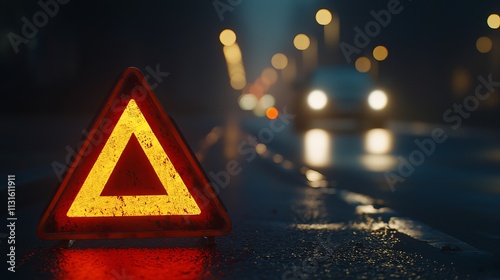 A caution triangle stands on a wet road with blurred car lights in the background, creating a moody atmosphere.