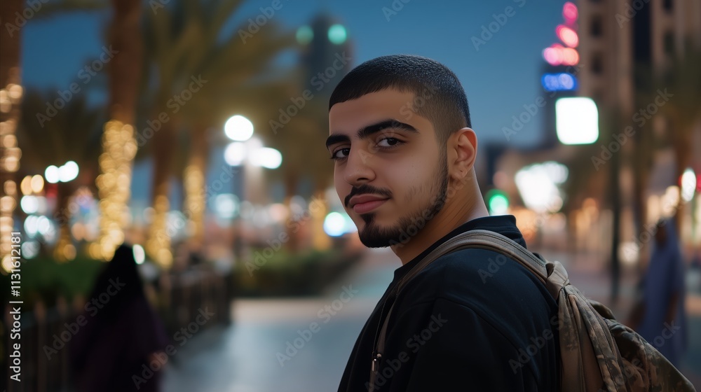Fototapeta premium Man with a beard and a backpack is standing in front of a building