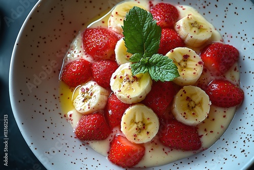 A delicious bowl of fresh strawberries and banana slices, drizzled with honey and topped with mint leaves, offering a vibrant and healthy dessert option.