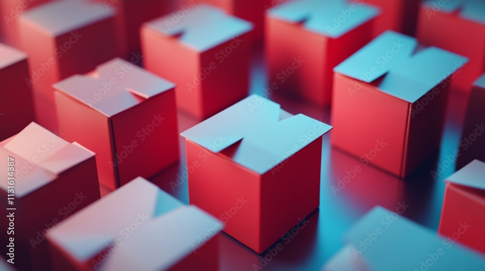 Obraz premium Red cubes pattern, geometric shapes, abstract background.
