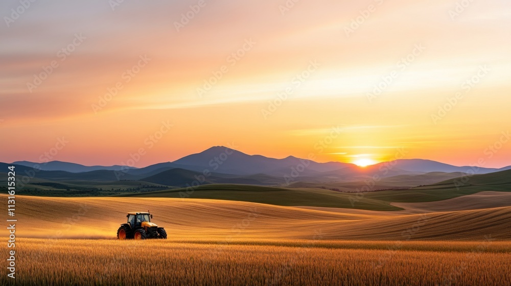 Obraz premium Beautiful Sunset Over Golden Fields With Tractor Working In Agriculture Landscape