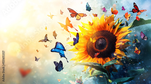 A sunflower with colorful butterflies and birds flying out of it, symbolizing the freedom of expression and the beauty of transformation. 