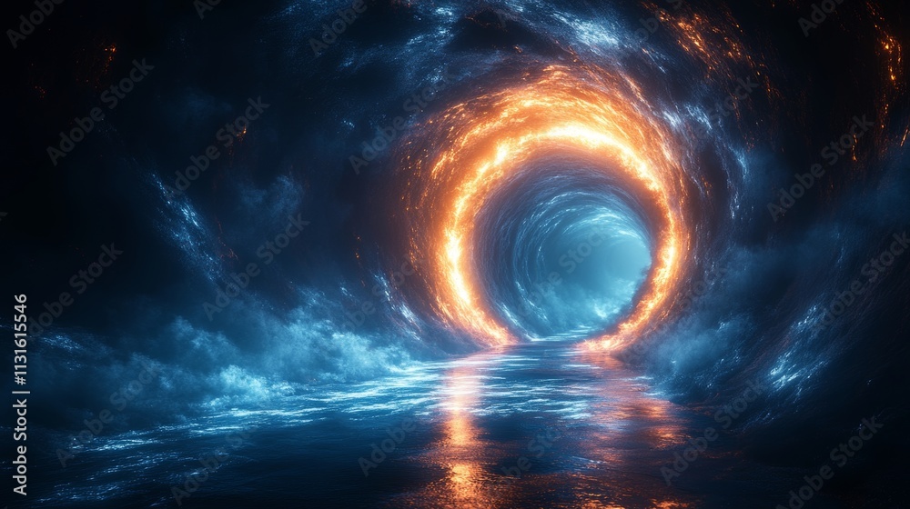 Fototapeta premium A blue and orange tunnel with a blue sky in the background