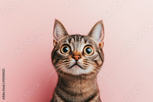 On the pink background, a grey cat stares at the camera. photo