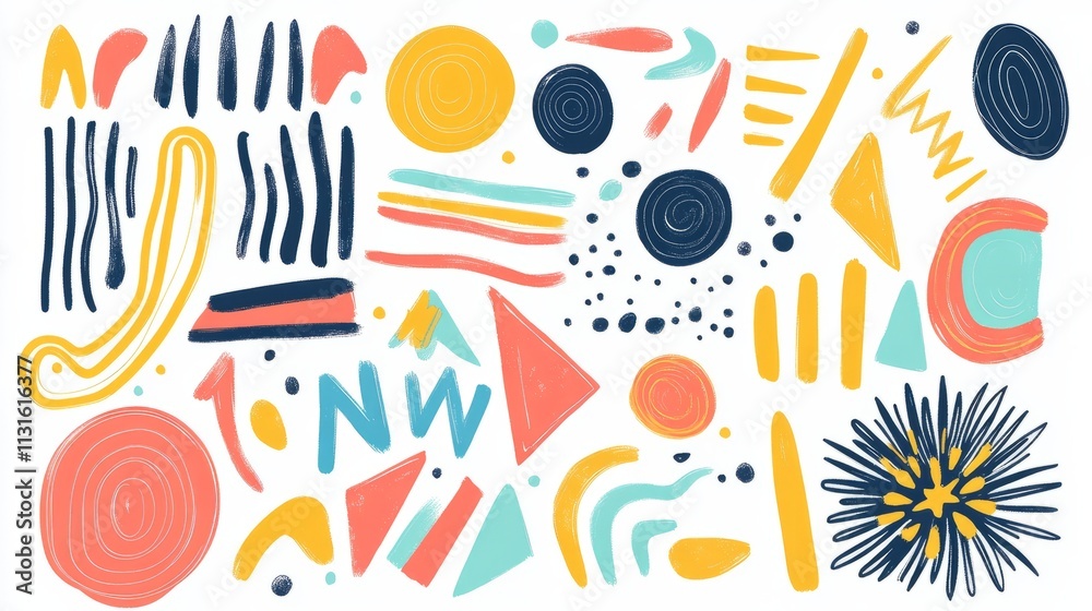 Obraz premium Set of colorful brush-drawn bold geometric shapes, arrows, asterisks and circles. Squiggle thick lines, curly brush strokes for banner, print or collage