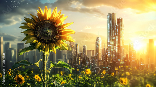 A sunflower with futuristic buildings and utopian architecture sprouting from its bloom, symbolizing the growth of new societies and sustainable cities. 