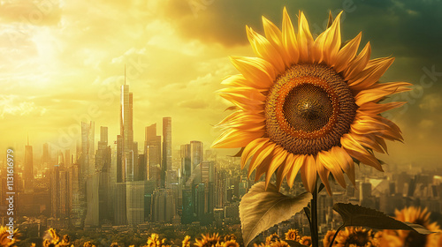 A sunflower with futuristic buildings and utopian architecture sprouting from its bloom, symbolizing the growth of new societies and sustainable cities. 
