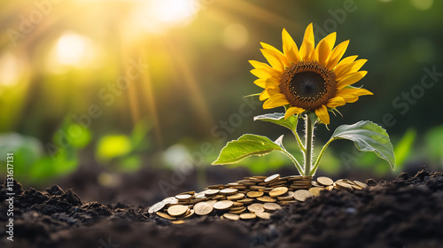 A sunflower with golden coins sprouting from its petals, representing economic growth, wealth, and the prosperity of hard work. 