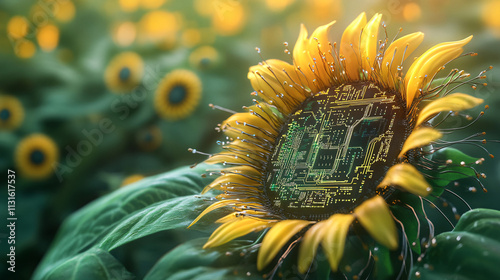 A sunflower with interconnected circuit boards and processors sprouting from its petals, representing the rapid development of artificial intelligence and computing. 