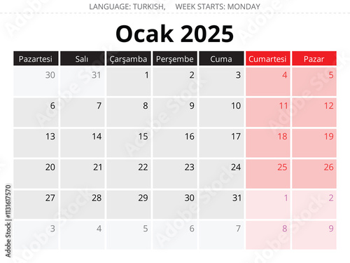 Turkish calendar for January 2025 - ocak. Vector illustration for winter month for Turkey