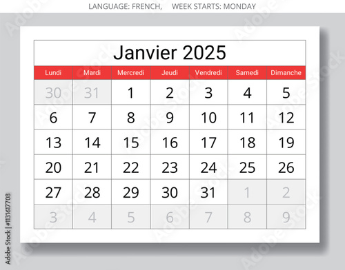 French calendar for January 2025. Vector illustration of a winter month page for France