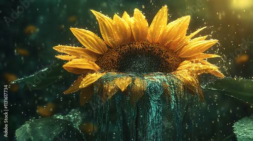 A sunflower with tiny waterfalls and flowing rivers cascading from its petals, symbolizing the vital role of water and nature in sustaining life. 