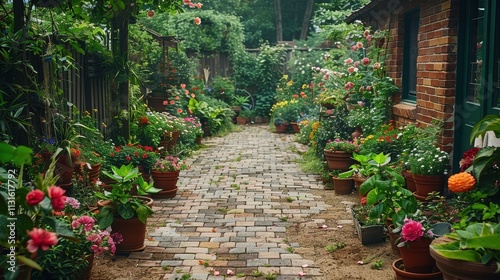 Brick pathway leads through a lush potted garden photo