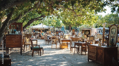 A wistful scene of an antique furniture stall at a flea market, featuring rustic tables, chairs, and decor, evoking memories of bygone days. photo