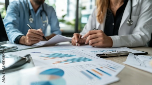 Woman, doctor and businessman with paperwork in office, discuss hospital budget and finance plan. Mature client, clinic investor and annual report to review, accounting and nurse for file
