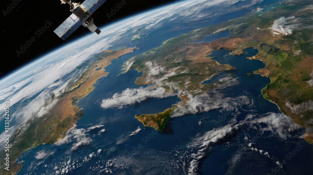 Fototapeta premium Vista del planeta Tierra con un satélite orbitando alrededor 
