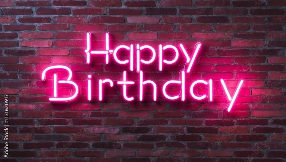 Obraz premium Happy birthday neon sign on brick wall