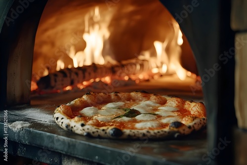 An Italian pizza in a wood-fired oven, with bubbling mozzarella, tomato sauce, a crispy crust, glowing flames, and rustic oven bricks