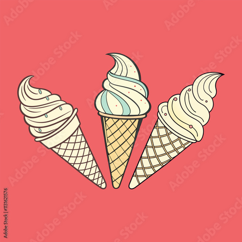 Illustration of three ice cream cones with classic creamy swirl