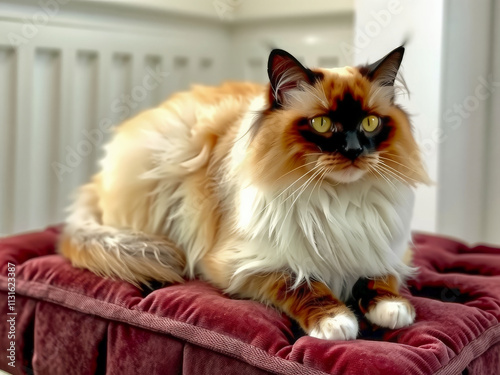 A long haired cat is sitting on a red cushion. The cat has a very fluffy coat and is looking at the camera photo