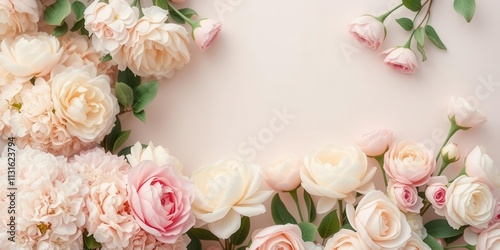 Fototapeta Naklejka Na Ścianę i Meble -  Vintage style artificial flower wall background with assorted flowers in pastel colors such as roses, peonies, and hydrangeas, creating a romantic and elegant atmosphere, roses, flowers