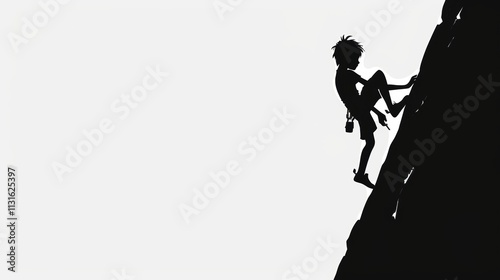 Silhouette of a young boy climbing a vertical wall, depicted in a minimalist black-and-white style, symbolizing determination, growth, and overcoming challenges in a striking visual form.