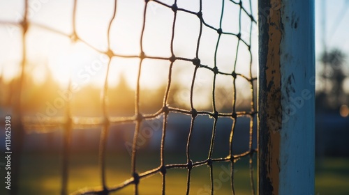 A soccer goal's crossbar with emphasis on the metal and paint, outdoor setting with late afternoon light, Industrial style photo