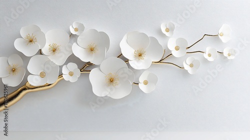 White paper flowers on gold branch.