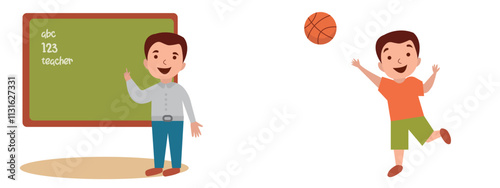 Kids daily routine vector design. Basketball and teacher vector design.