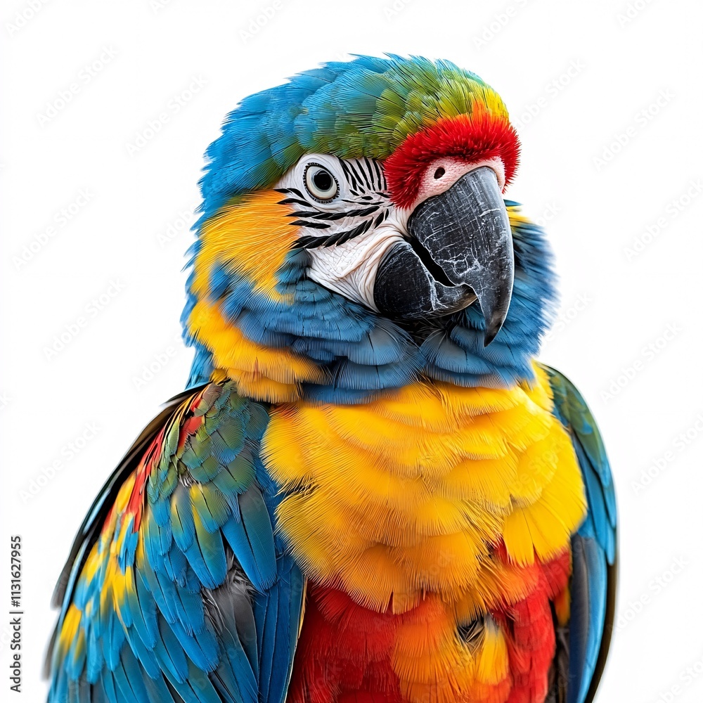 Fototapeta premium A vibrant and colorful parrot with bright plumage, isolated on a white background.