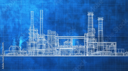 Blueprint-style line art of a futuristic waste-to-energy plant, converting waste into electricity in a clean process.  photo