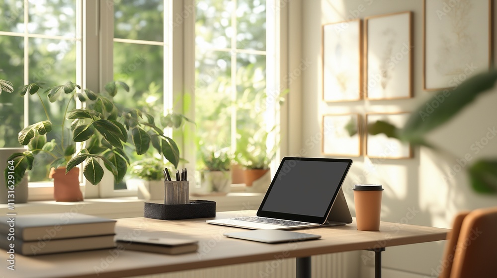Fototapeta premium productive workspace with a tablet, laptop, and coffee cup, arranged on a minimalist desk