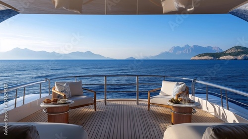 picturesque view from the deck of a yacht, showing the vast open sea, distant mountains photo