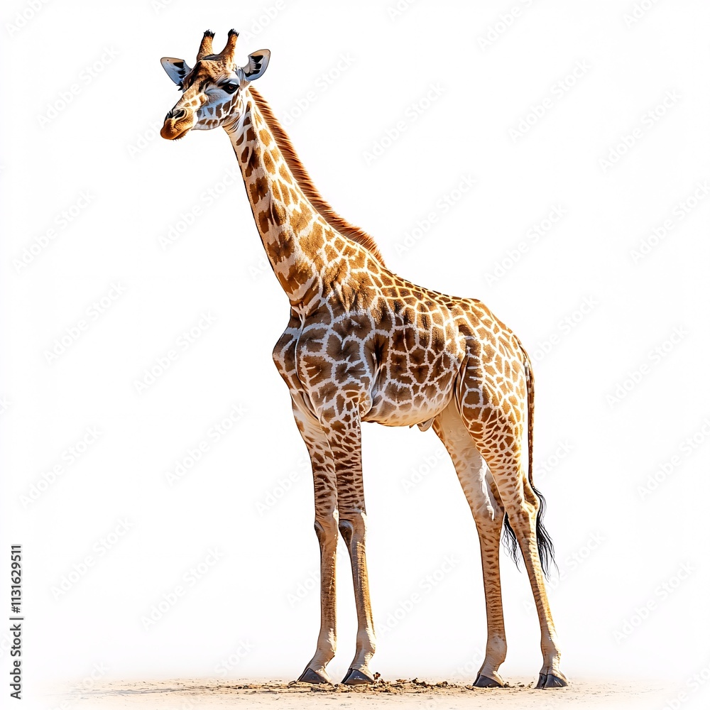 Obraz premium A majestic and elegant giraffe with a long neck, isolated on a white background.