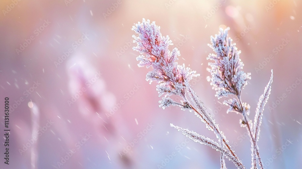 Fototapeta premium Frost-covered plants in soft winter light.