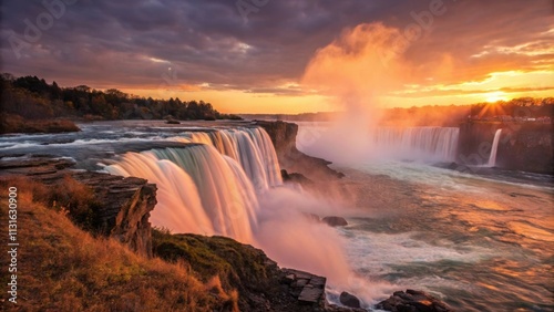 Niagara falls showcases cascading waters during a stunning sunset, creating a vibrant and picturesque landscape, highlighting one of the world's remarkable natural wonders