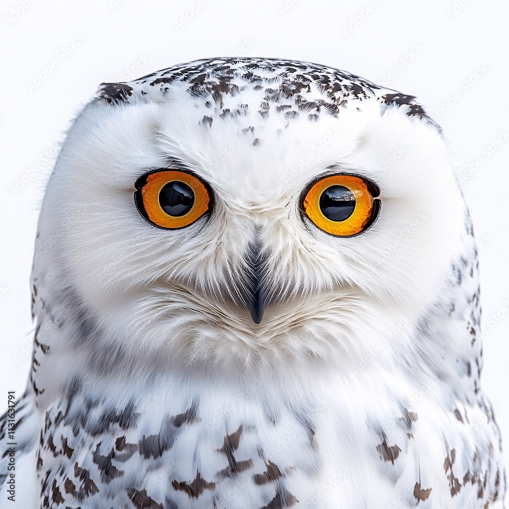 Obraz premium A striking and elegant snowy owl with large, bright eyes, isolated on a white background.