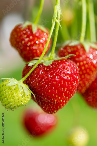 Dutch glass greenhouse, cultivation of strawberries in own garden, growing strawberries plants, red ripe berry and green grass background