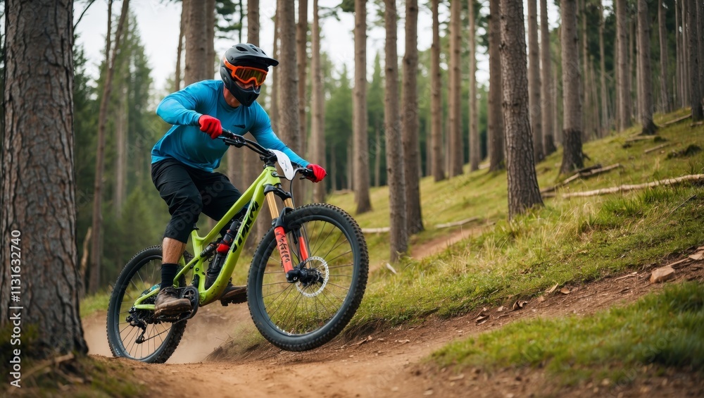 Fototapeta premium Mountain biker riding on a forest trail