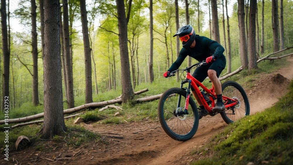 Naklejka premium Mountain biker riding through scenic forest trail