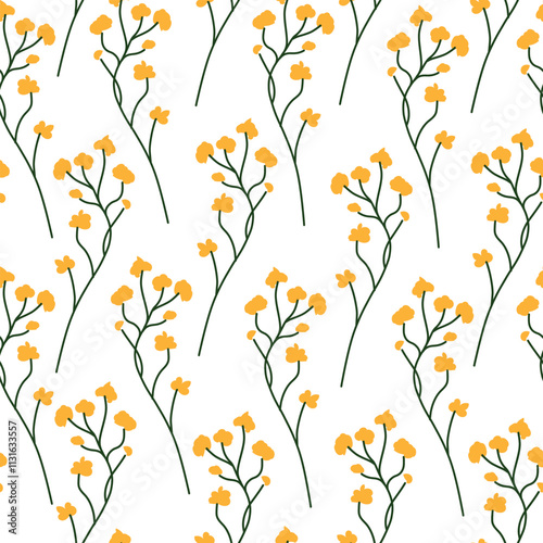 Seamless floral pattern with delicate yellow flowers and green stems on a white background. Perfect for textiles, wallpapers, stationery, and nature-inspired designs