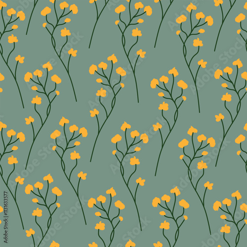 Seamless floral pattern with delicate yellow flowers and green stems on a green background. Perfect for textiles, wallpapers, stationery, and nature-inspired designs