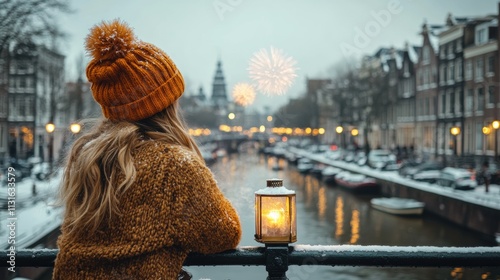 Magical New Year's Eve by Amsterdam canals with a girl holding a glowing lantern, vibrant fireworks illuminating historic architecture, snowy streets reflecting festive lights. photo