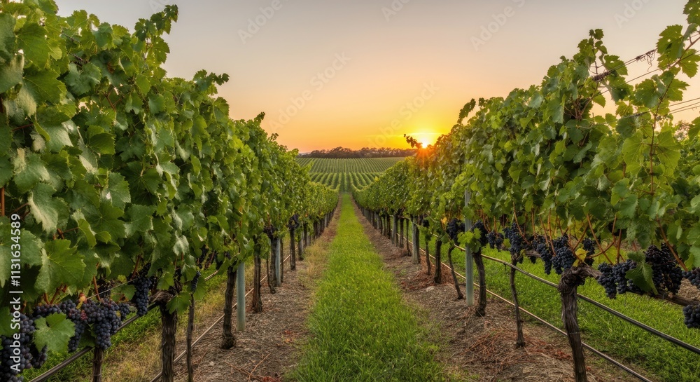 Naklejka premium Vineyard at sunset with rows of grapevines and ripe grapes