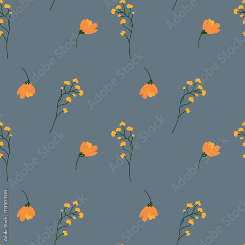 Seamless floral pattern with delicate yellow flowers and green stems on a muted gray-blue background. Perfect for textiles, wallpapers, stationery, and nature-inspired designs