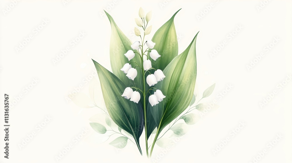 Obraz premium A beautifully illustrated arrangement of lily of the valley flowers surrounded by lush green leaves, This serene image is perfect for nature-themed projects, floral decorations, or wellness content,